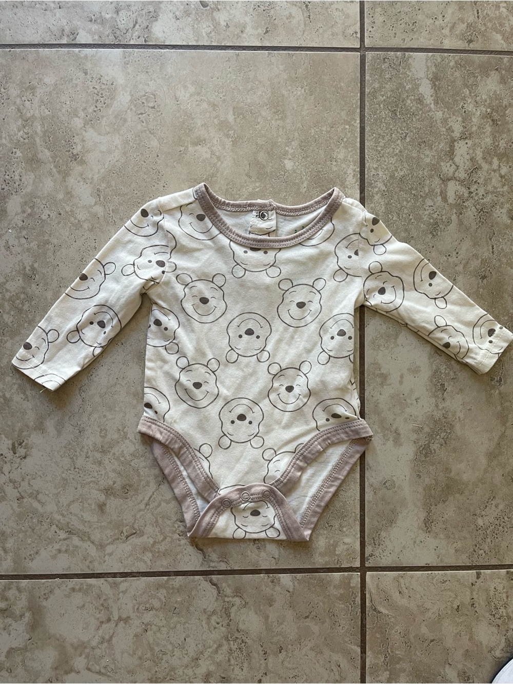 Disney Cream Bear Print Long-Sleeve One-Piece with Taupe Trim